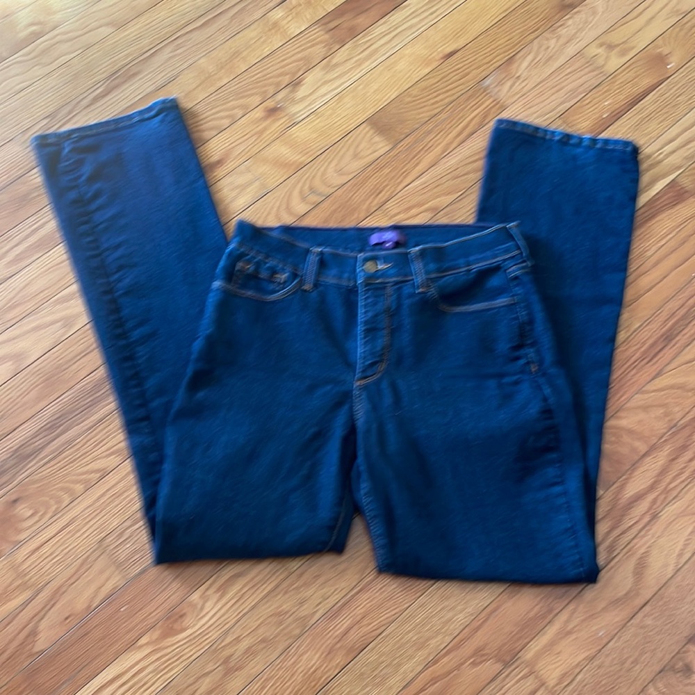 NYDJ dark wash bootcut high rise jeans copper sparkle back pockets